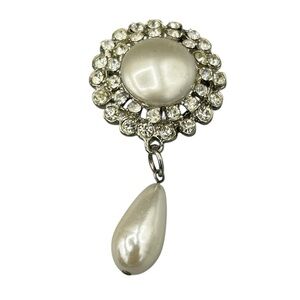 Vintage 1950s Pearl Rhinestone Drop Brooch | Mid Century Glam